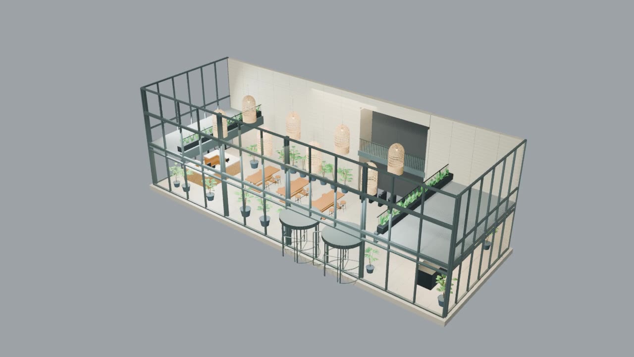 Vista aérea del modelo 3D del vestíbulo, con su distribución interior